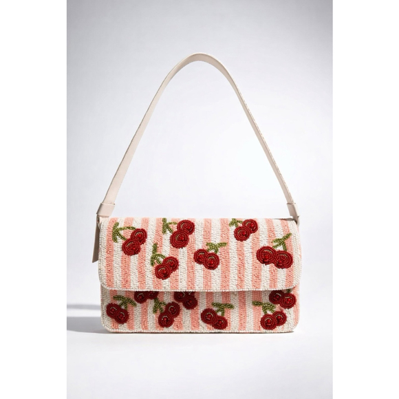 Unbranded Handbags - Handcrafted in India Viral Beaded Cherries Cherry Pink Striped Shoulder Bag